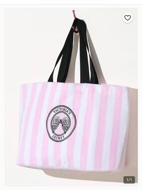 Victoria's Secret Pink and White Striped Tote with Black Handles and Logo